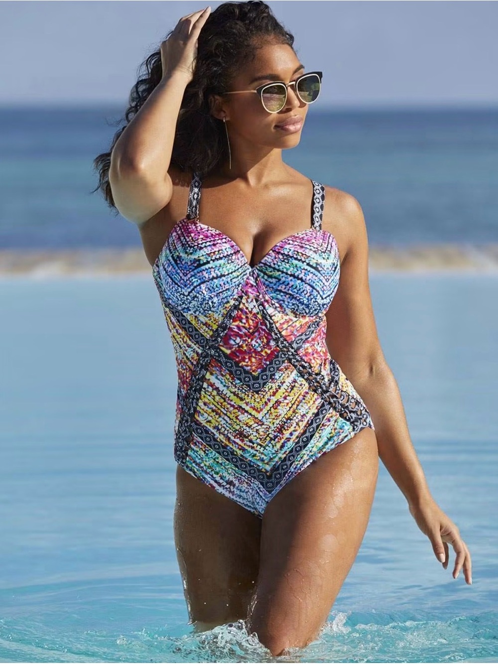 Swimsuits For All Vibrant Multicolor Chevron One-Piece Swimsuit